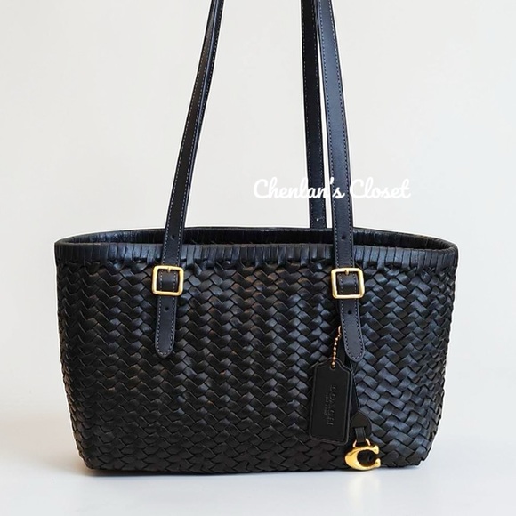 Coach Black Woven Leather Swing Tote Carryall Shoulder Bag Purse - Picture 2 of 13